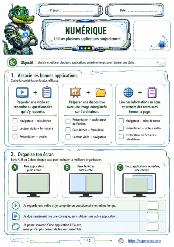 Utiliser plusieurs applications conjointement en P6 – Exercices de numérique pour choisir les bonnes applications et organiser plusieurs fenêtres sur l’écran