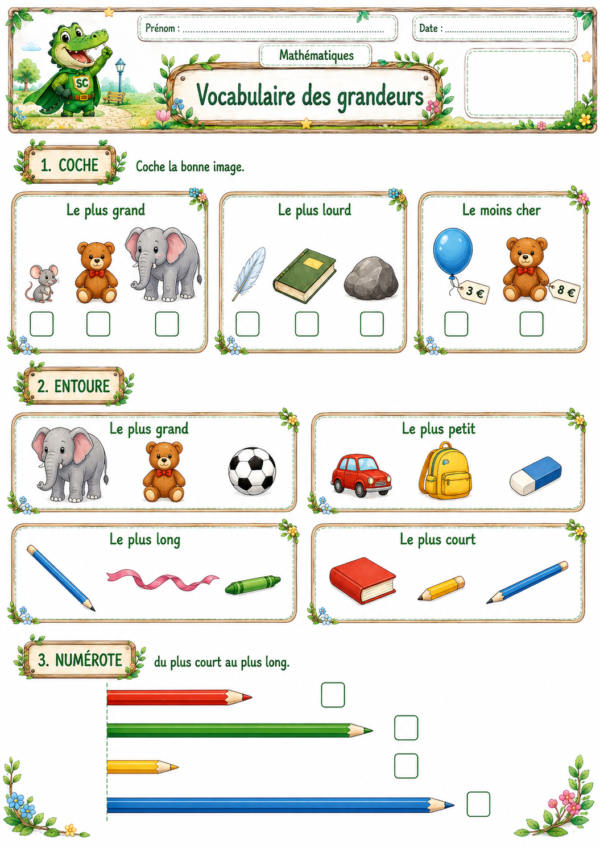 Vocabulaire des grandeurs P1 CP avec exercices illustrés pour comparer grand, petit, lourd, léger, long et court.