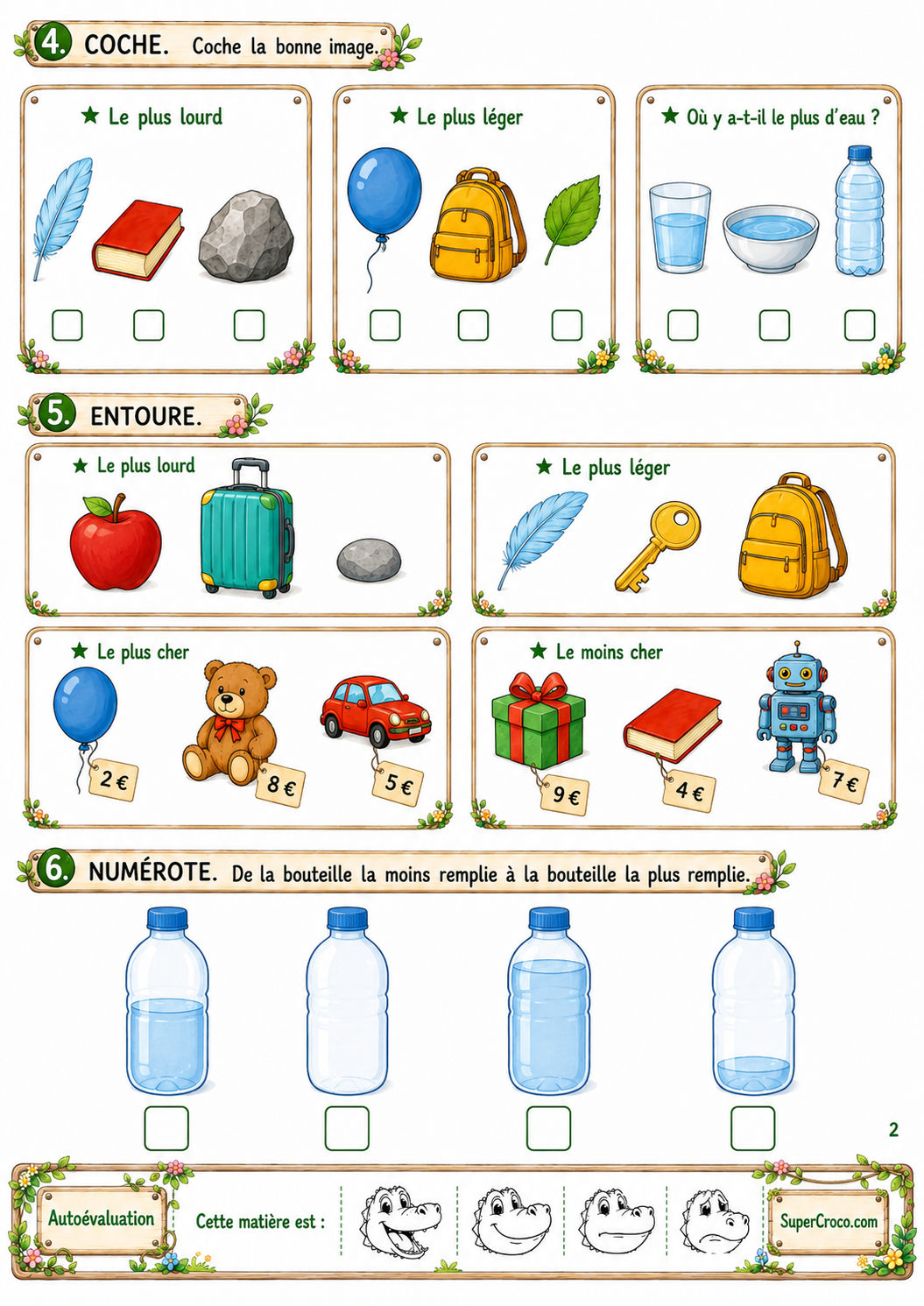 Vocabulaire des grandeurs P1 CP avec exercices illustrés sur lourd, léger, prix et comparaison de quantités d’eau.