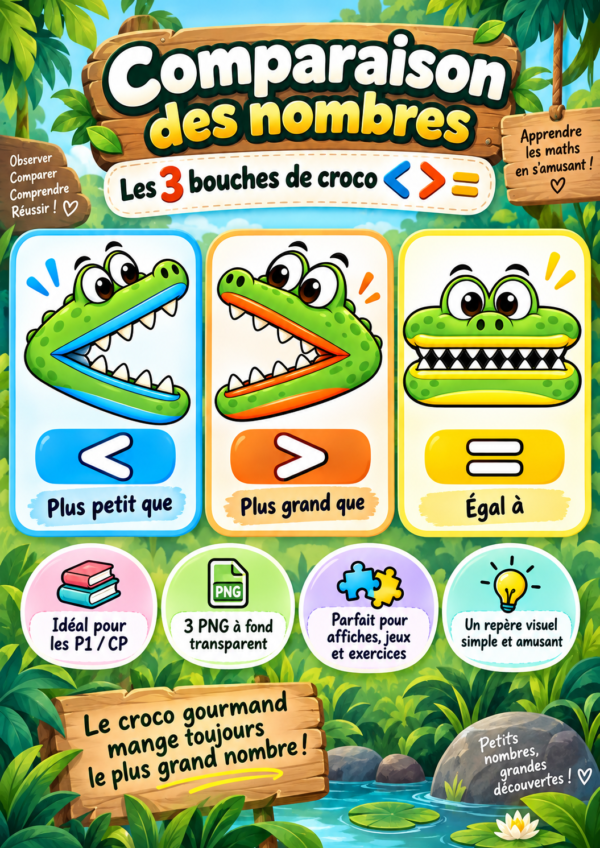 Comparaison des nombres avec trois bouches de croco représentant les signes plus petit que, plus grand que et égal à pour P1 / CP.