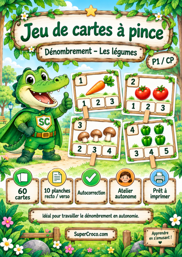 Dénombrement jusqu’à 20 avec un jeu de cartes à pince sur les légumes pour les élèves de P1 / CP.