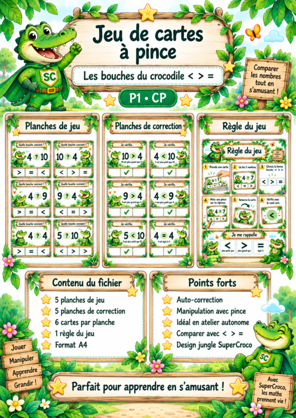 Affiche enseignant du jeu de cartes à pince pour comparer les nombres avec les signes et = en P1 / CP.