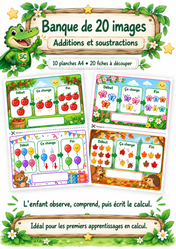 Affiche de présentation d’une banque de 20 situations visuelles d’addition et de soustraction pour les élèves de P1 / CP.