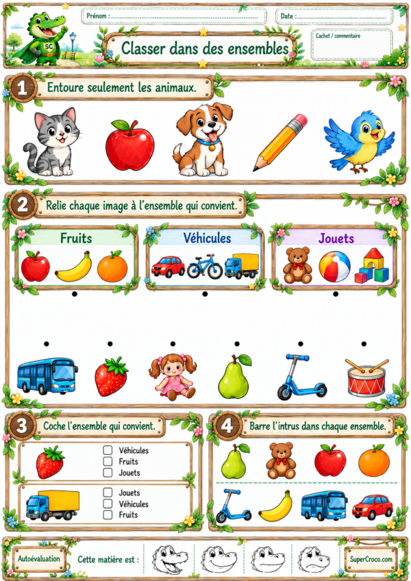 Classer dans des ensembles – feuille d’exercices de mathématiques CP / première primaire avec activités de tri et de classement.