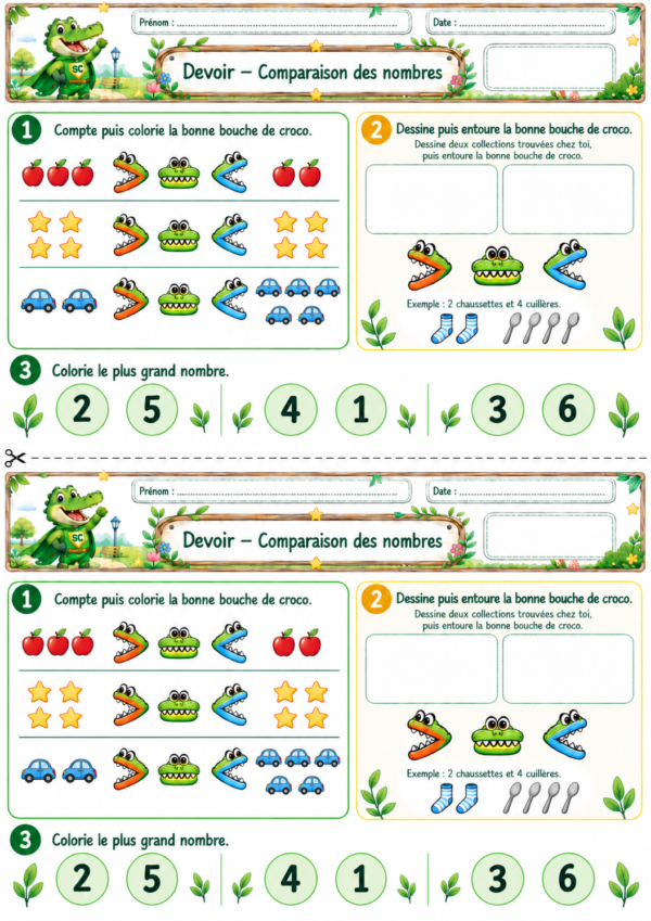 Devoir de comparaison des nombres en P1 CP avec bouches de croco pour travailler plus petit, plus grand et égal