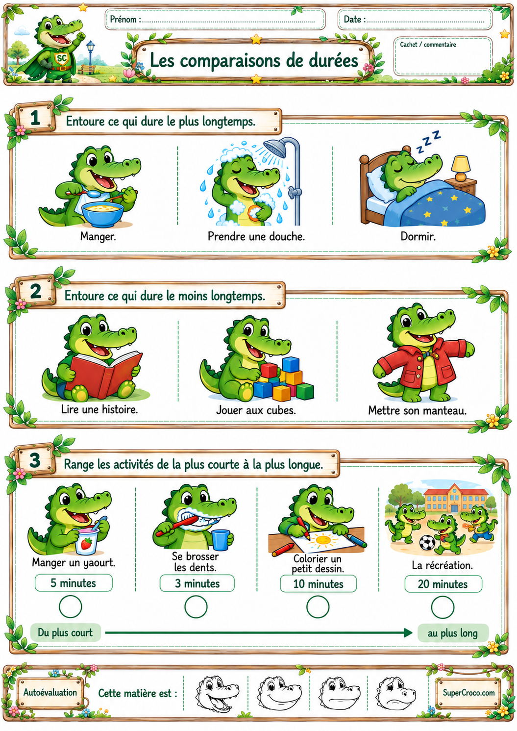 Feuille d’exercices sur la comparaison des durées en P1 / CP avec des crocos et des activités du quotidien.