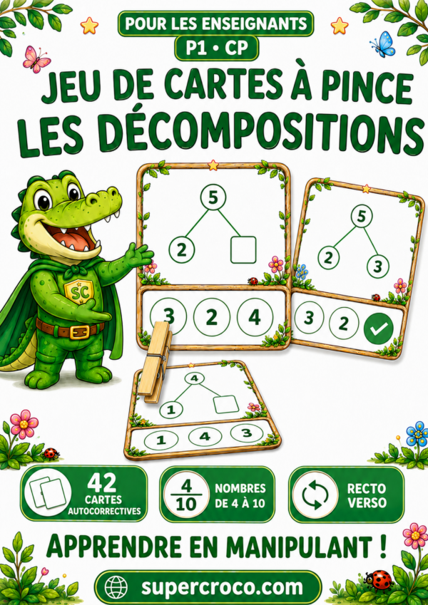 Décompositions des nombres de 4 à 10 – Affiche du jeu de 42 cartes à pince autocorrectives pour la P1 et le CP.