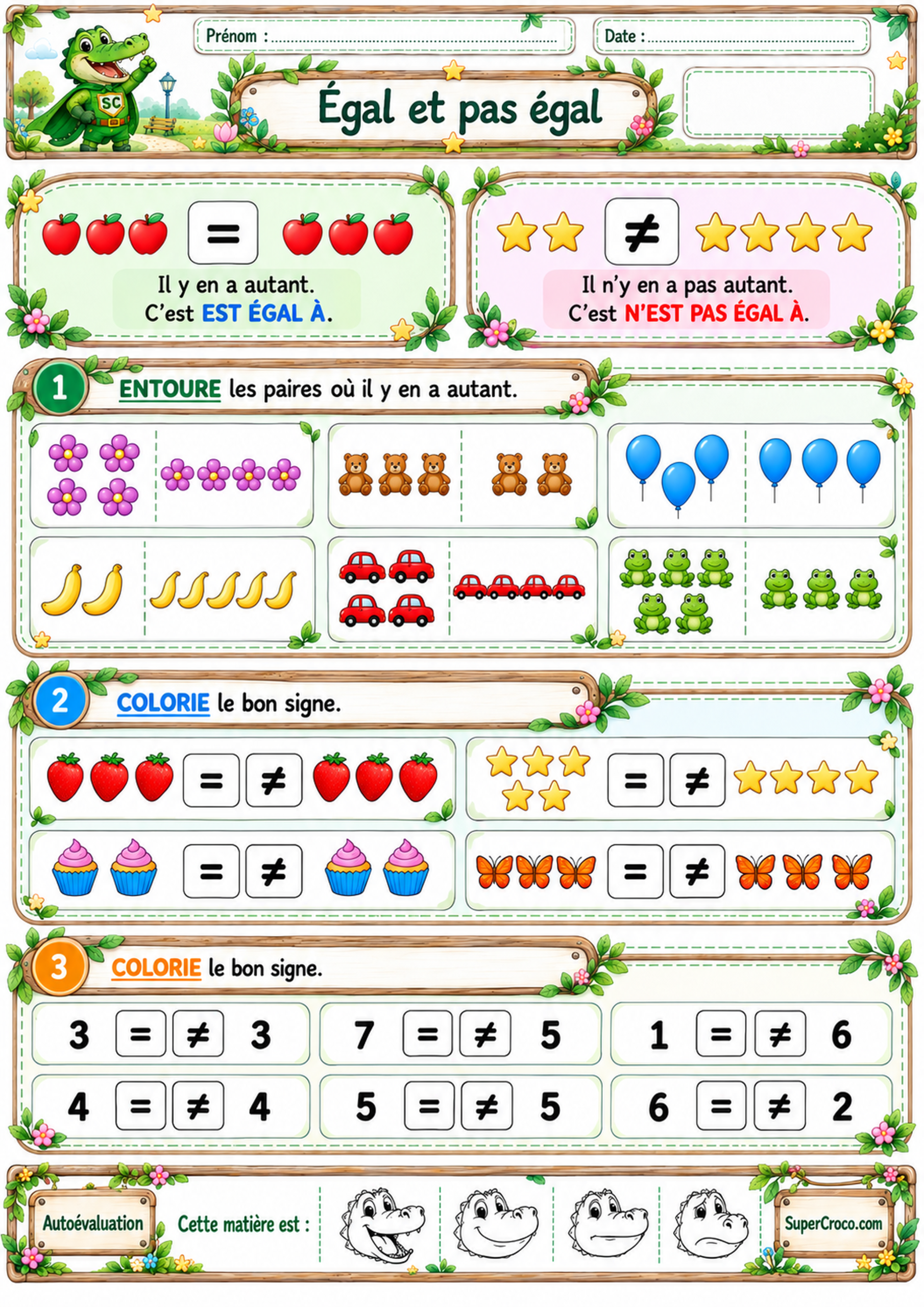 Égal et pas égal – exercices de mathématiques P1 CP avec les signes = et ≠
