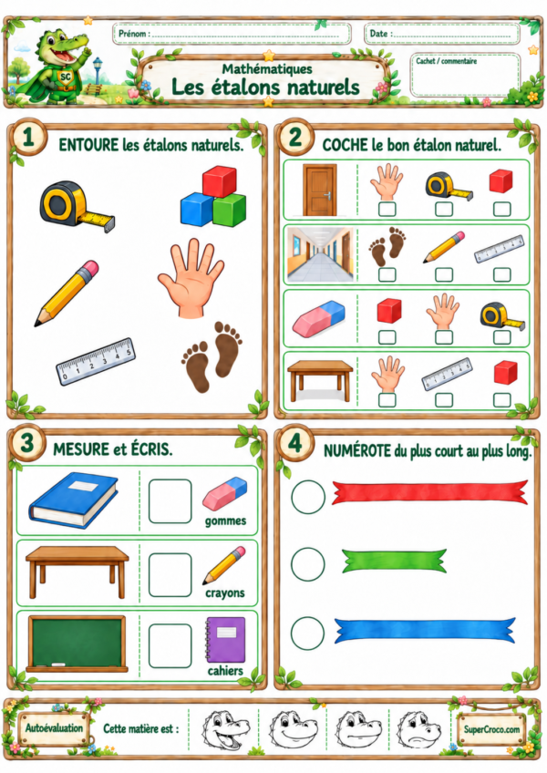 Feuille d’exercices sur les étalons naturels en P1 / CP pour mesurer et comparer des longueurs avec des objets de la classe.