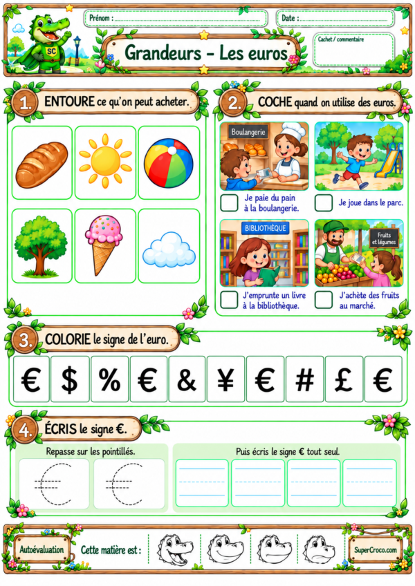 Feuille d’exercices sur les euros en P1 / CP pour comprendre l’utilité de l’argent, reconnaitre le symbole € et apprendre à l’écrire.