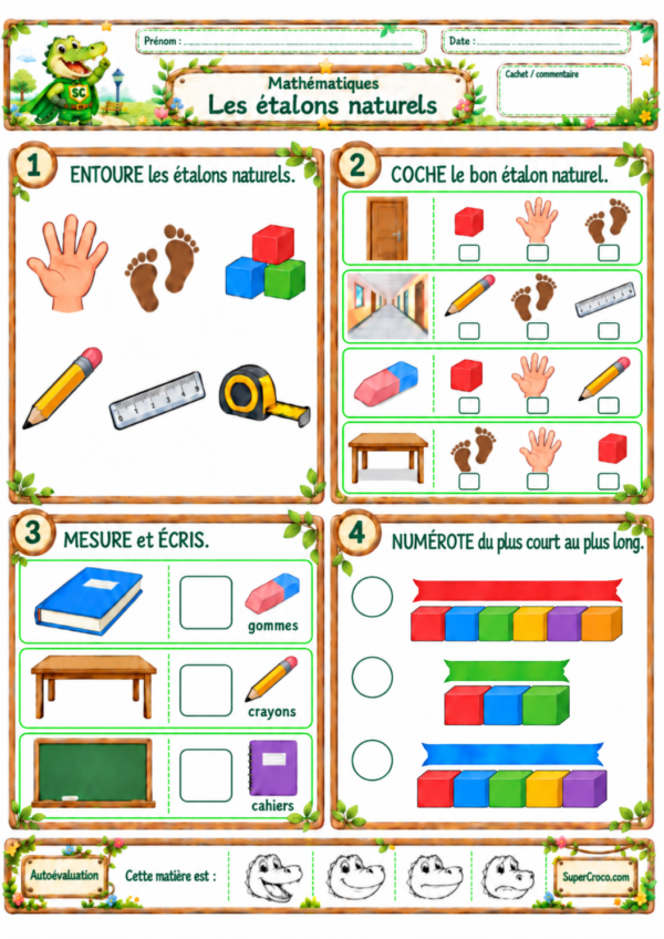 Feuille d’exercices sur les étalons naturels en P1 / CP pour mesurer et comparer des longueurs avec des objets de la classe.
