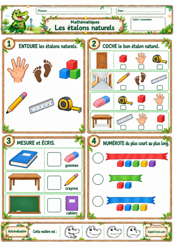 Feuille d’exercices sur les étalons naturels en P1 / CP pour mesurer et comparer des longueurs avec des objets de la classe.
