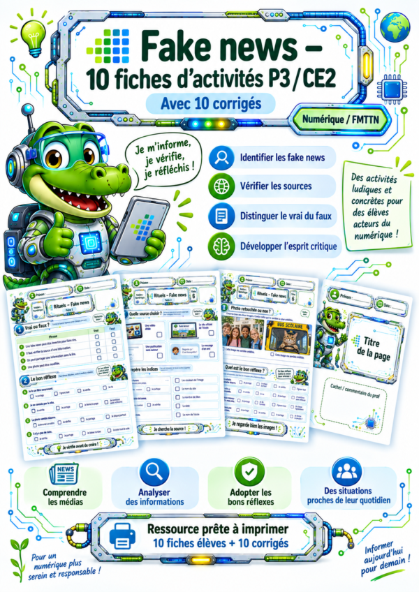 Fake news – 10 fiches d’activités P3 / CE2 avec 10 corrigés, image de présentation d’une ressource de numérique / FMTTN