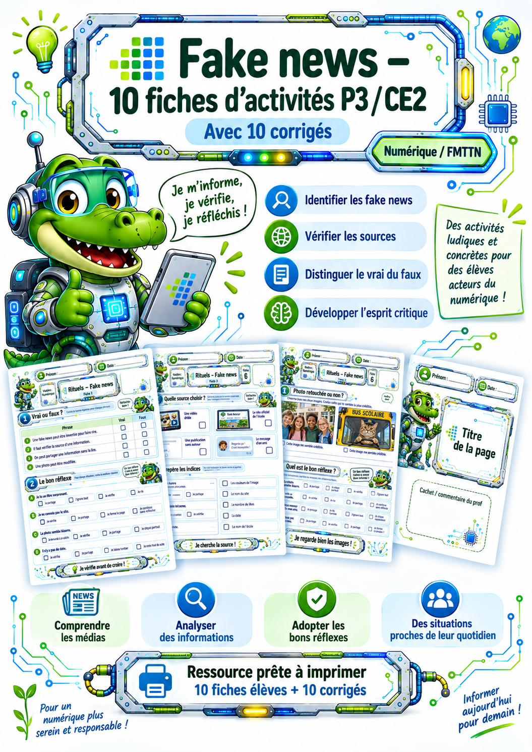 Fake news – 10 fiches d’activités P3 / CE2 avec 10 corrigés, image de présentation d’une ressource de numérique / FMTTN