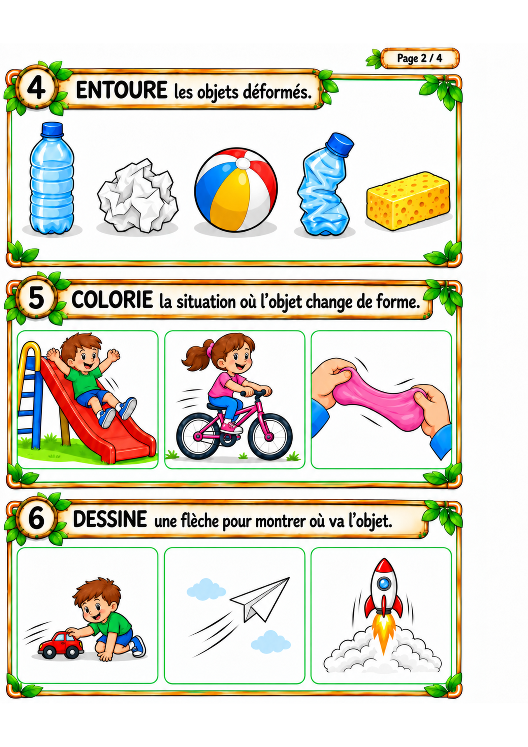 Forces, mouvements et déformations en sciences pour la première primaire et le CP, avec des exercices sur la déformation des objets et la direction du mouvement.