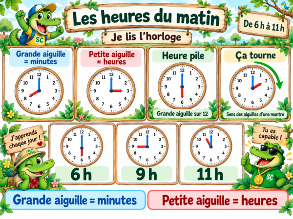 Heures du matin – affiche P1/CP pour apprendre à lire l’horloge, reconnaitre les aiguilles et comprendre les heures piles.