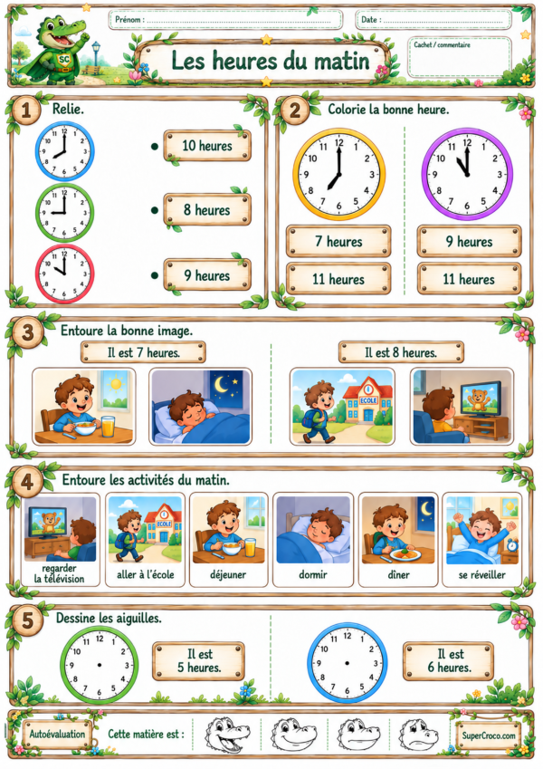 Feuille d’exercices P1 CP pour reconnaître et représenter les heures pleines du matin sur une horloge.