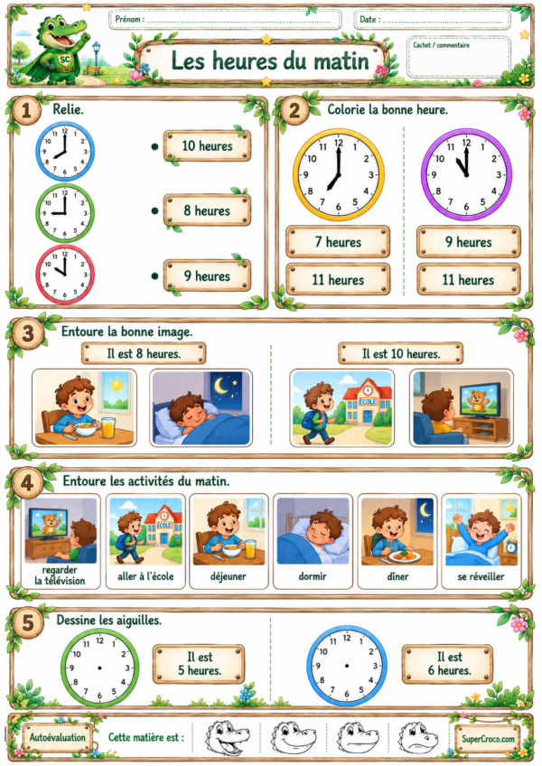 Feuille d’exercices P1 CP pour reconnaître et représenter les heures pleines du matin sur une horloge.