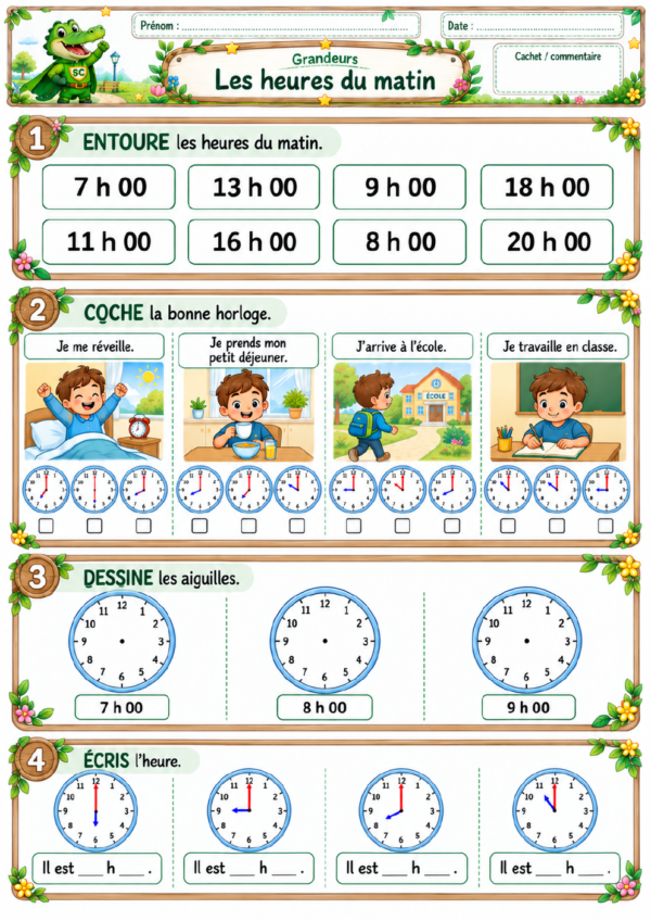 Les heures du matin en P1 / CP – Exercices pour lire l’heure sur une horloge et reconnaître les heures du matin.