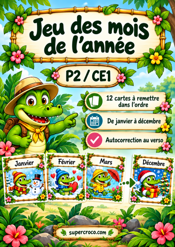 Affiche jeu des mois de l’année P2 CE1 avec cartes illustrées et autocorrection au verso