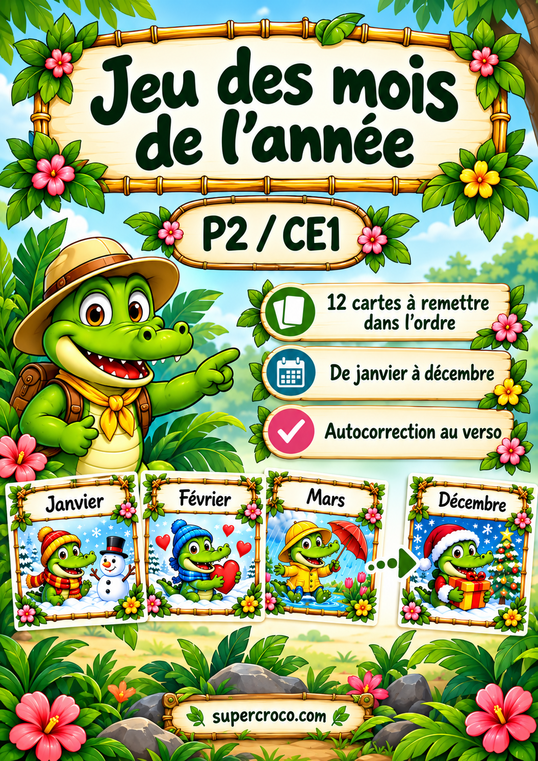 Affiche jeu des mois de l’année P2 CE1 avec cartes illustrées et autocorrection au verso