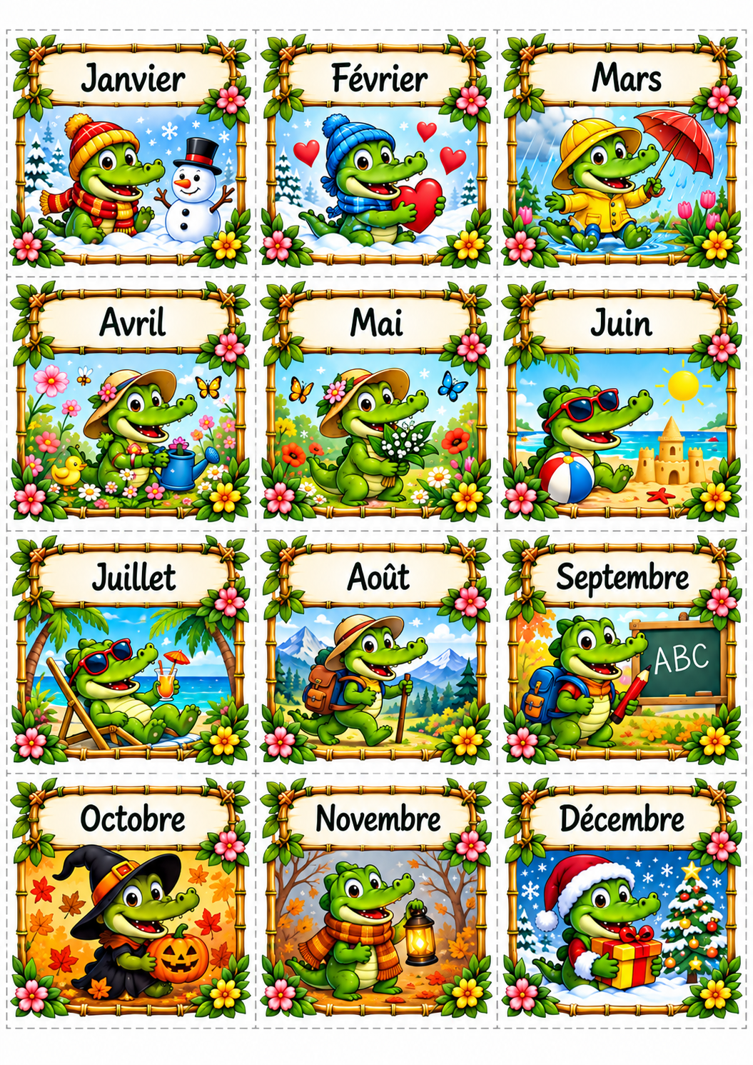 Cartes recto des mois de l’année P2 CE1 à imprimer avec illustrations jungle
