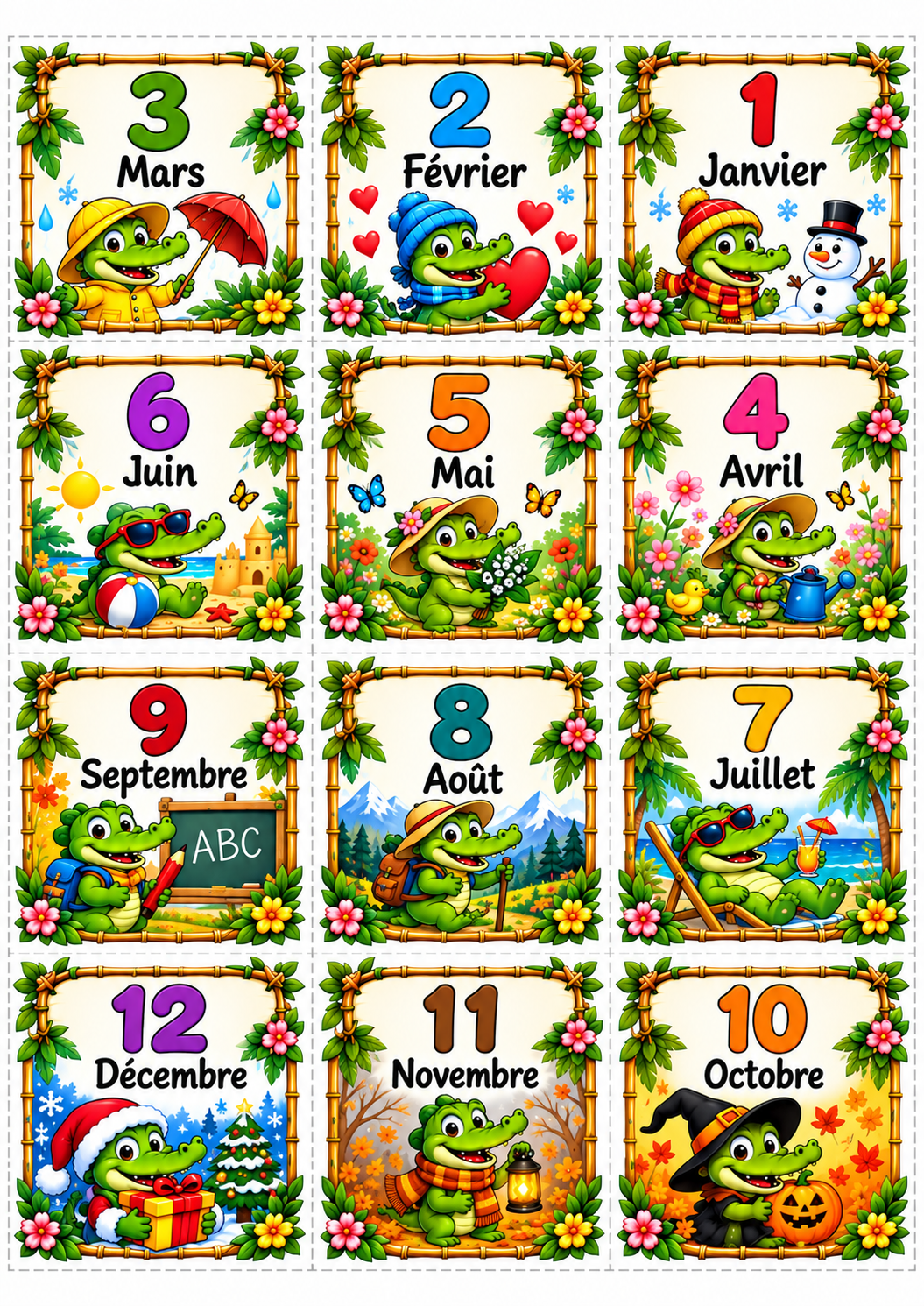 Cartes verso du jeu des mois de l’année P2 CE1 avec numéros pour l’autocorrection