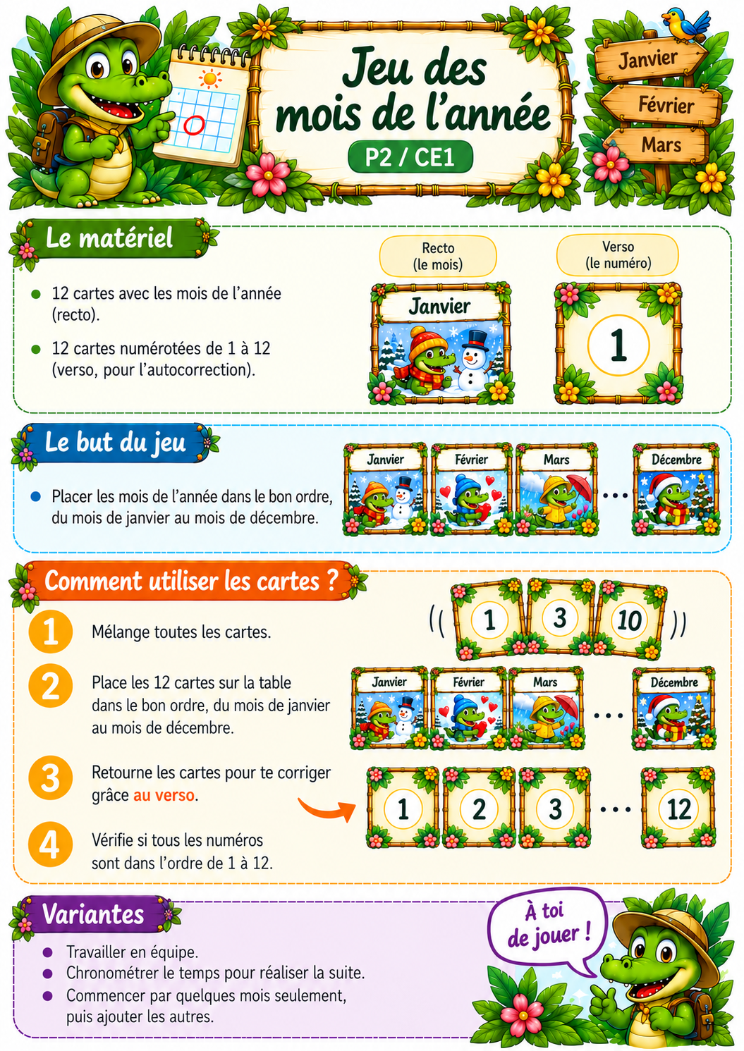 Règles du jeu des mois de l’année P2 CE1 avec explications et autocorrection