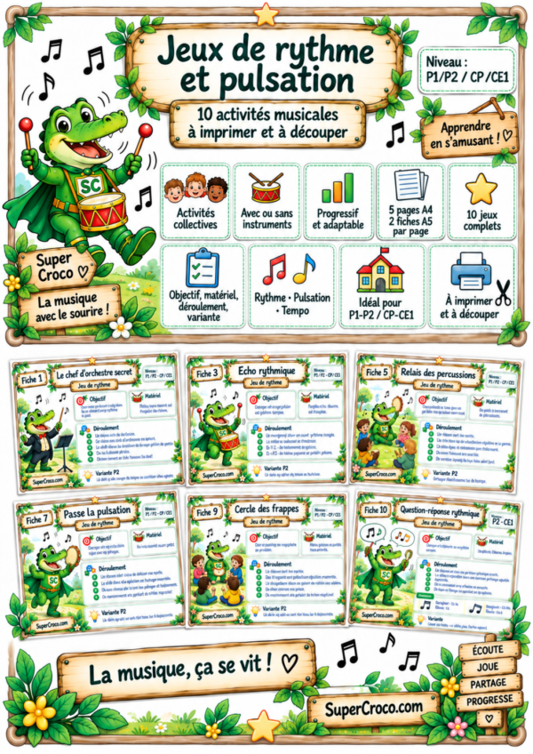 Jeux de rythme et de pulsation P1-P2 / CP-CE1 avec SuperCroco et exemples d’activités musicales.