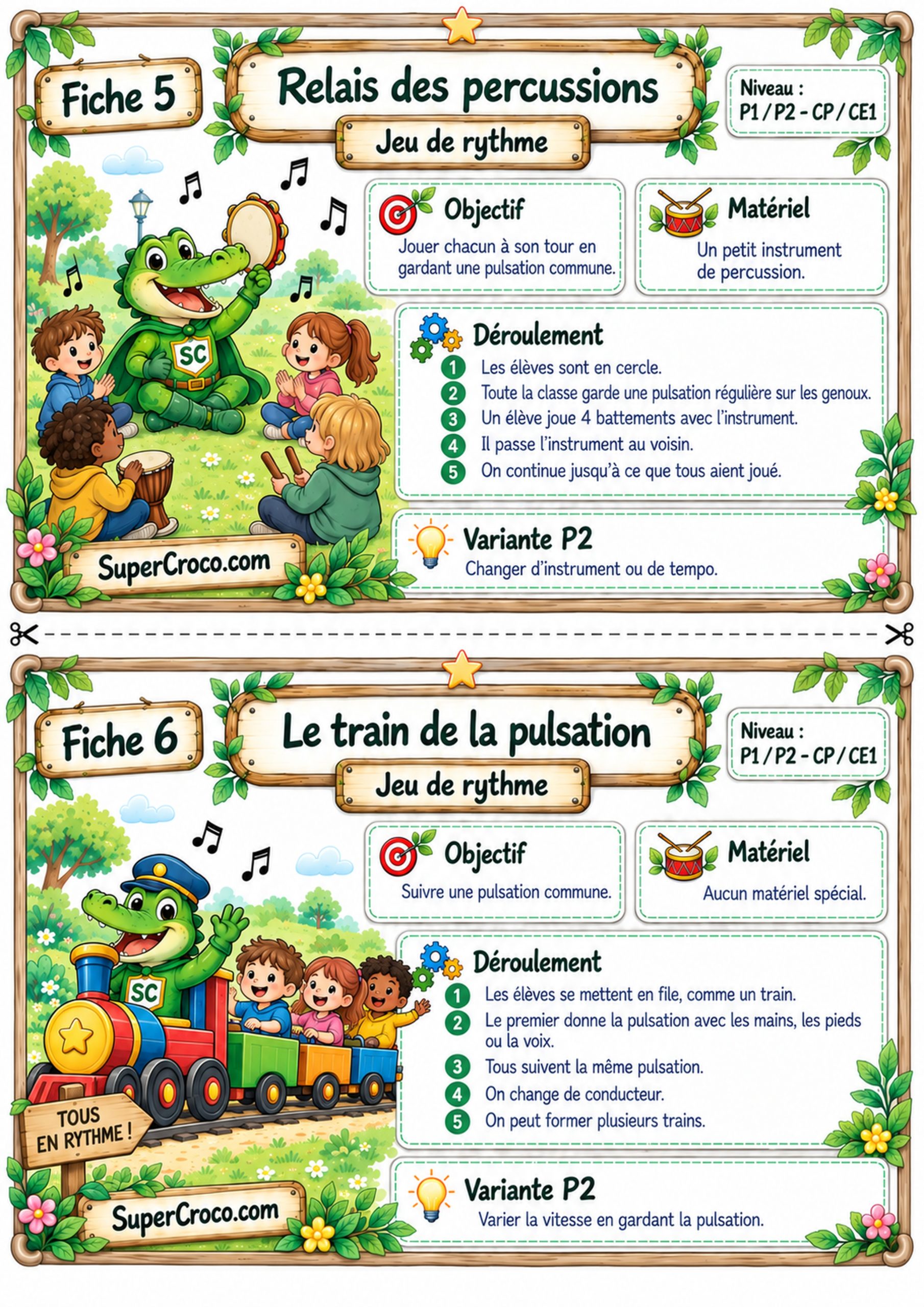 Jeux de rythme et pulsation P1-P2 / CP-CE1 avec le relais des percussions et le train de la pulsation.