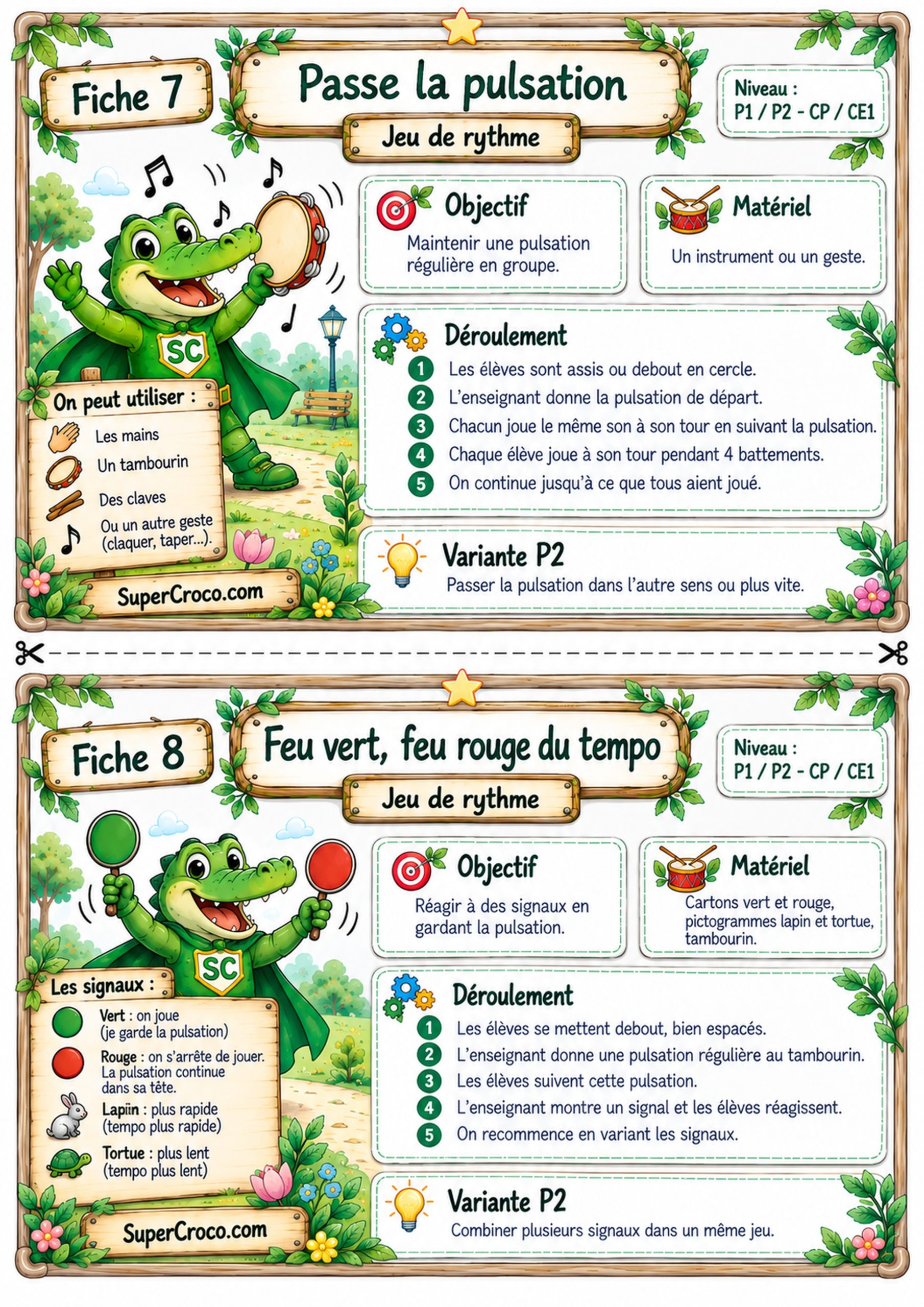 Jeux de rythme et pulsation P1-P2 / CP-CE1 avec Passe la pulsation et Feu vert, feu rouge du tempo.