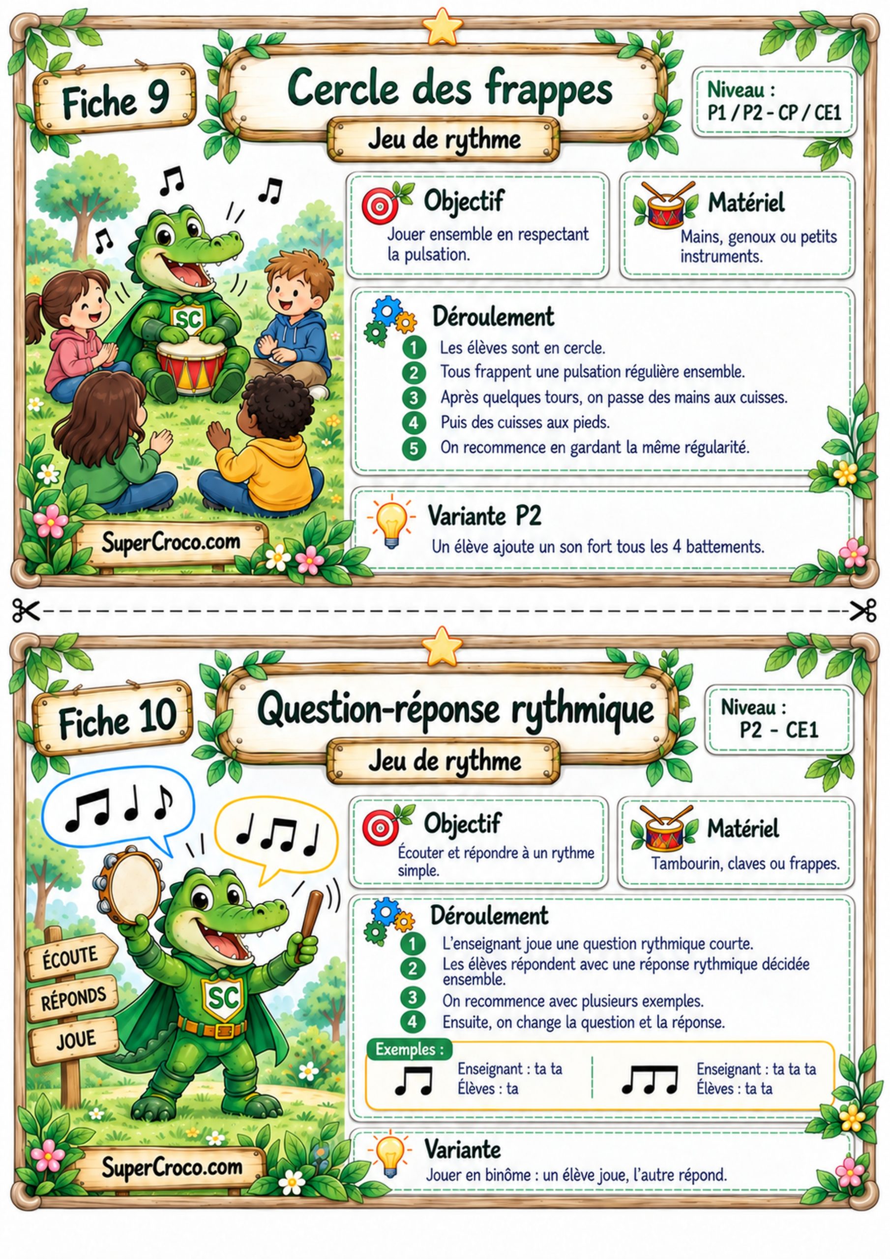 Jeux de rythme et pulsation P1-P2 / CP-CE1 avec le cercle des frappes et question-réponse rythmique.