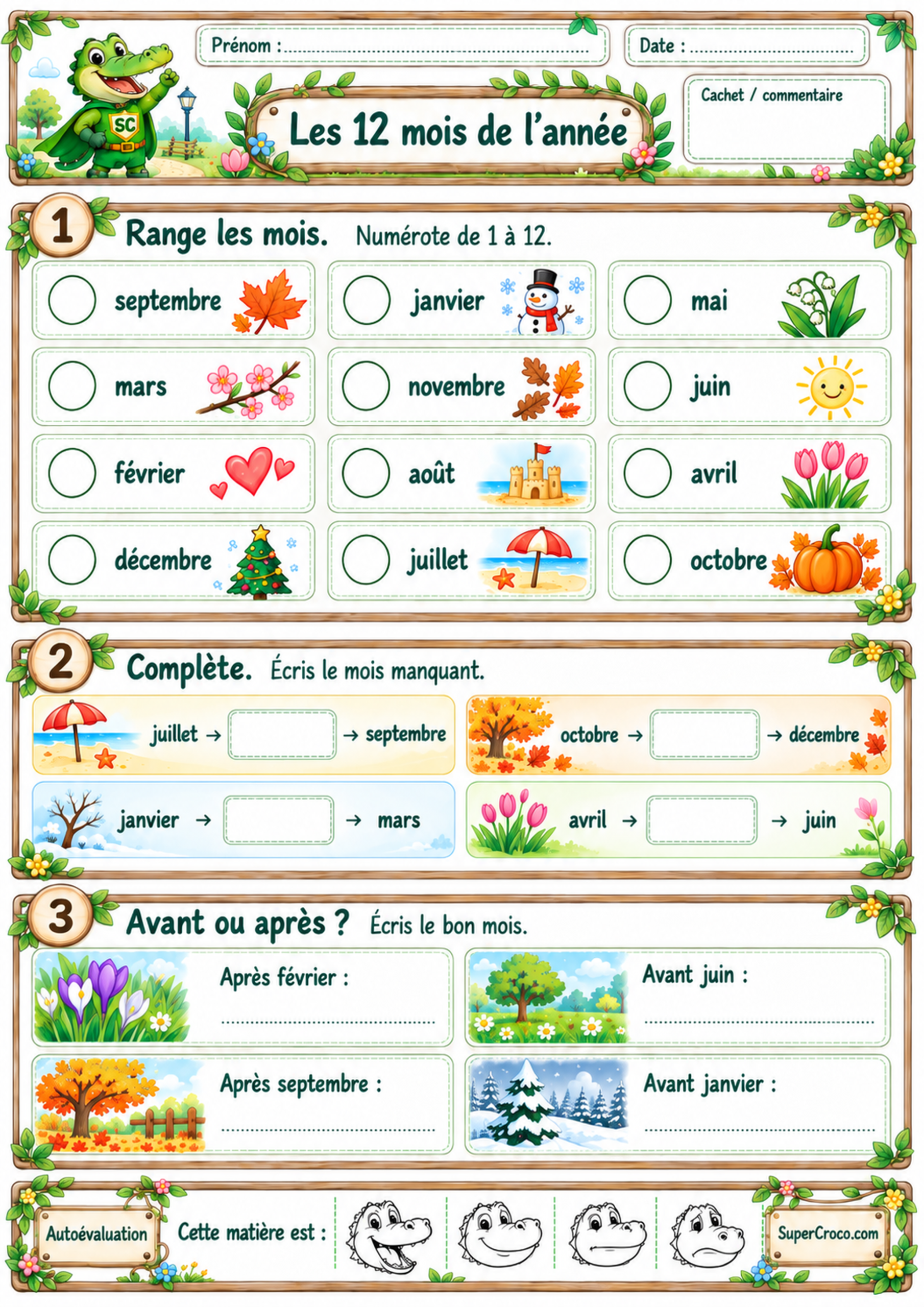 Feuille d’exercices sur les 12 mois de l’année pour P2 / CE1
