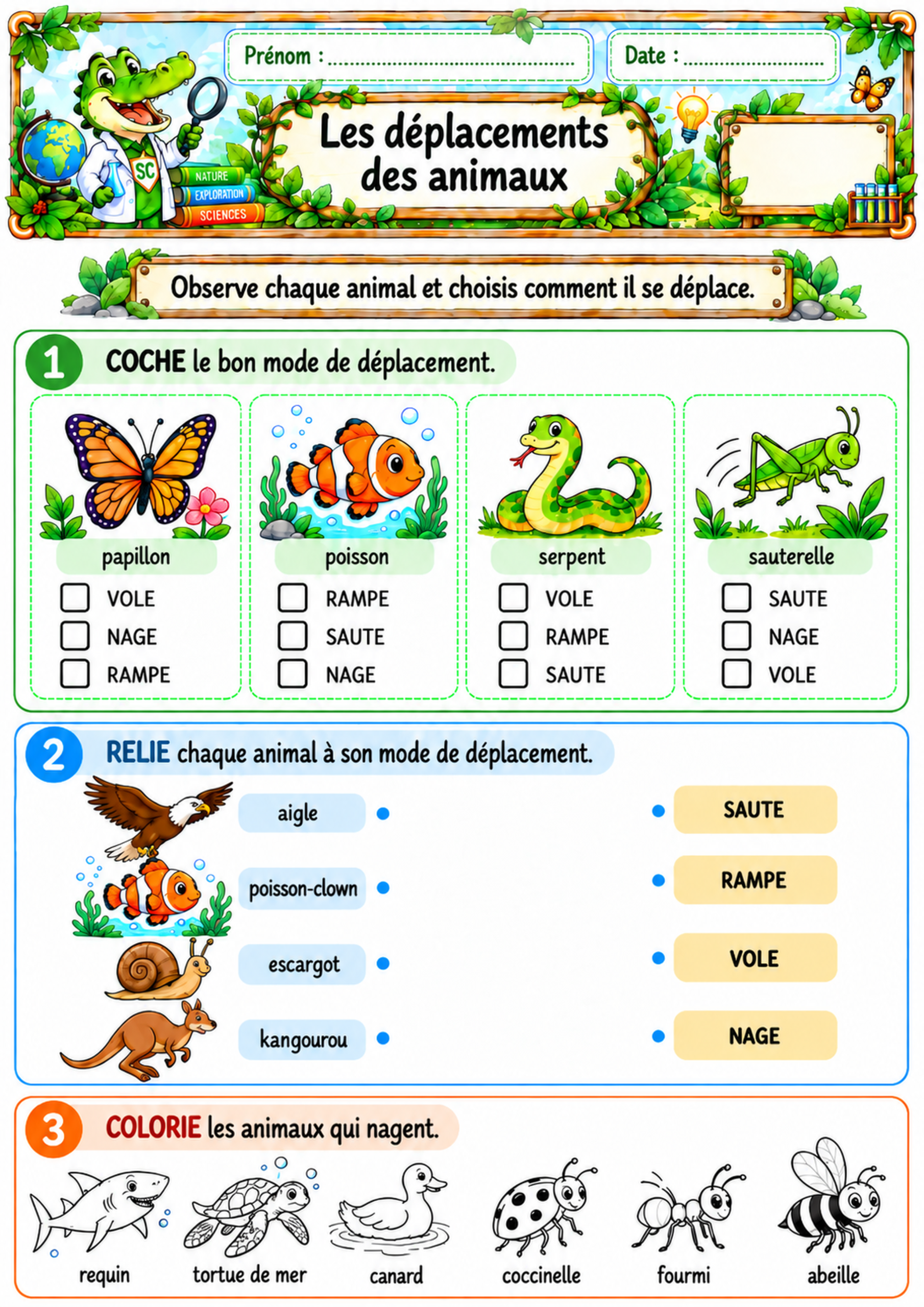 Modes de déplacement des animaux P1 CP – feuille d’exercices de sciences