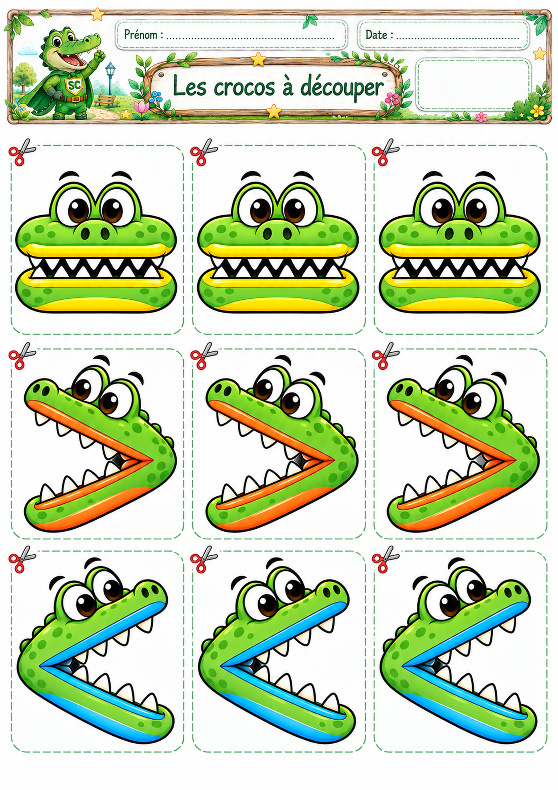 Signes plus petit que, plus grand que et égal avec des bouches de crocos à découper pour les élèves de P1 / CP.