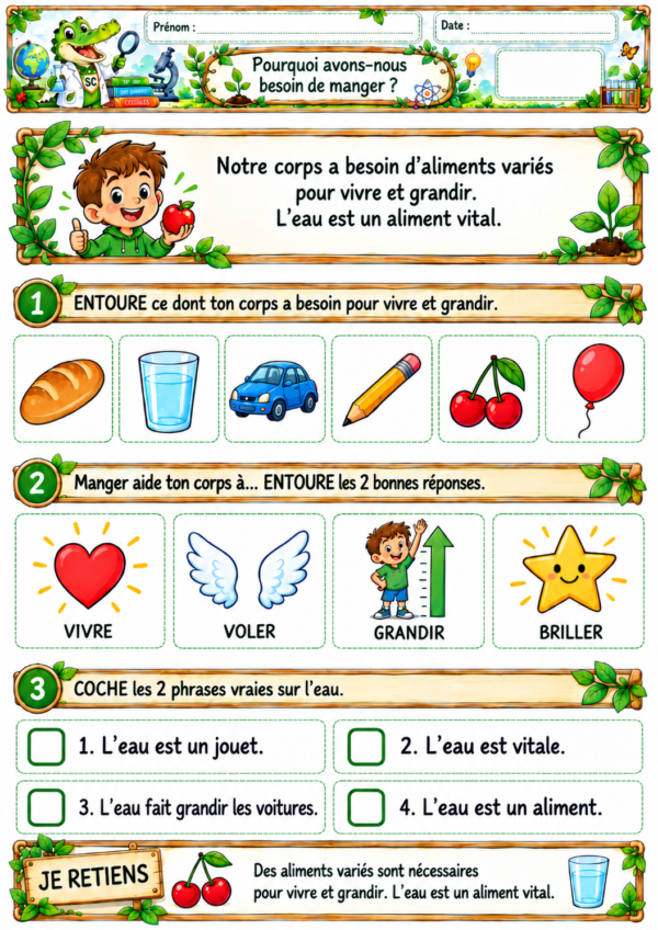 Pourquoi avons-nous besoin de manger ? – Exercices de sciences P1 / CP