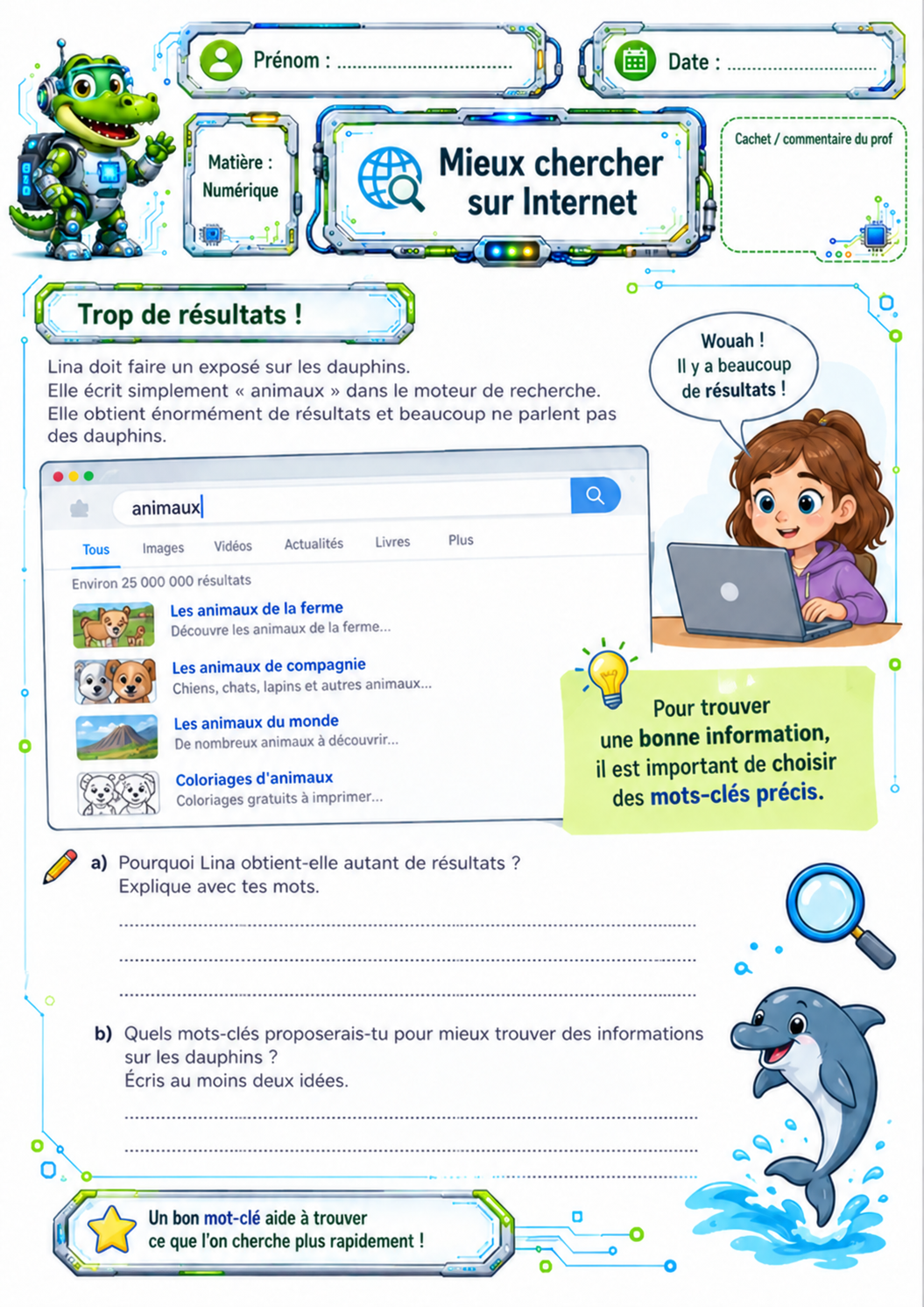 Recherche de mots-clés sur Internet P3 / CE2 – fiche 1 pour apprendre à mieux chercher sur Internet avec des mots-clés précis.