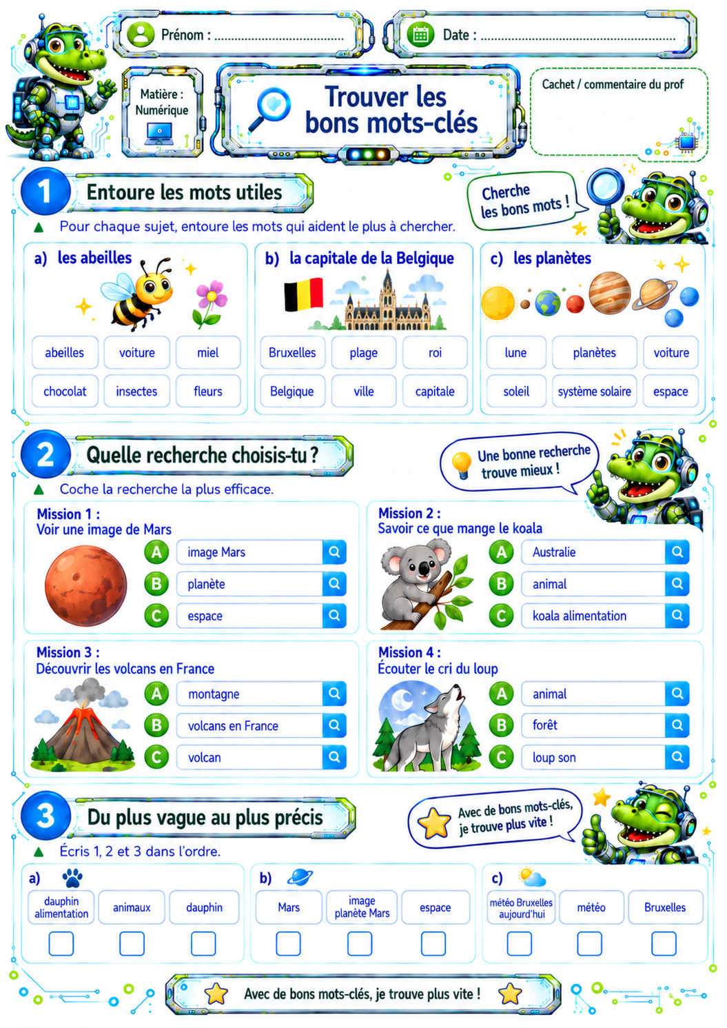 Recherche de mots-clés sur Internet P3 / CE2 – fiche 3 pour apprendre à trouver les bons mots-clés selon une recherche.