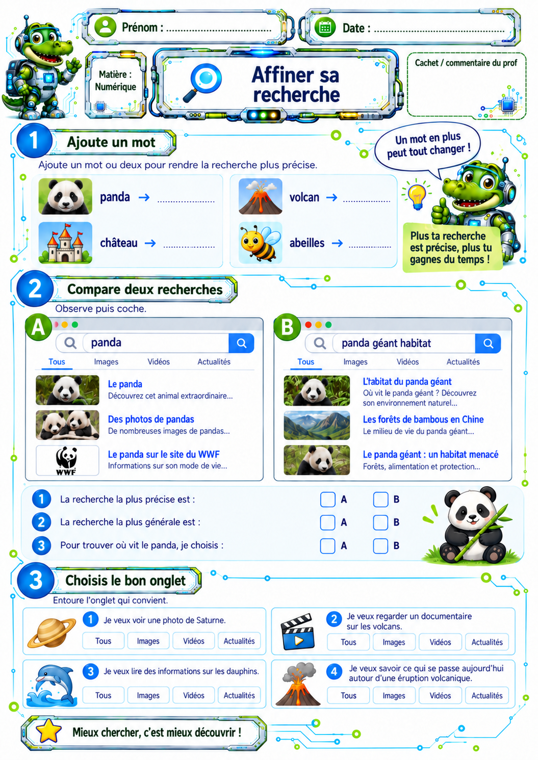 Recherche de mots-clés sur Internet P3 / CE2 – fiche 4 pour apprendre à affiner une recherche avec des mots-clés plus précis.