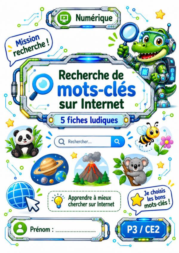 Recherche de mots-clés sur Internet P3 / CE2 – page de garde de 5 fiches d’exercices ludiques en numérique.