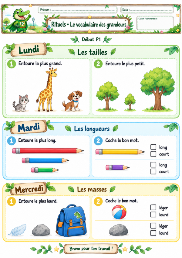 Rituels de grandeurs pour le début de la P1 avec des exercices sur grand et petit, long et court, lourd et léger.