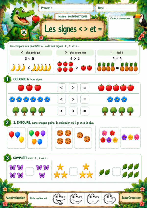 Signes et = en P1 / CP : feuille d’exercices illustrée pour apprendre à comparer des quantités et utiliser les signes inférieur, supérieur et égal.
