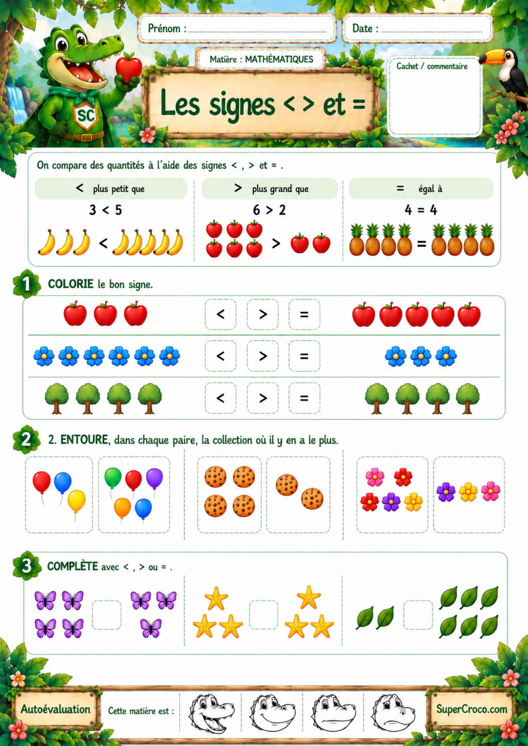 Signes et = en P1 / CP : feuille d’exercices illustrée pour apprendre à comparer des quantités et utiliser les signes inférieur, supérieur et égal.