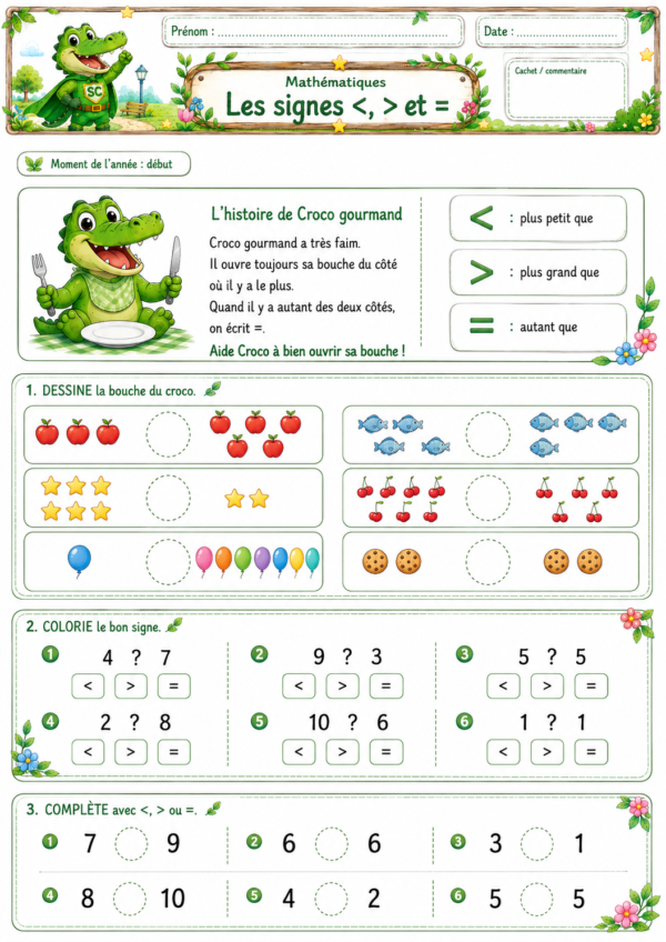 Comparer les nombres avec et = grâce à une feuille d’exercices illustrée pour les élèves de CP / P1 avec un croco gourmand.