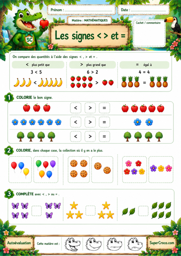 Signes et = en P1 / CP : fiche d’exercices pour apprendre à comparer des quantités et des nombres avec le croco gourmand.