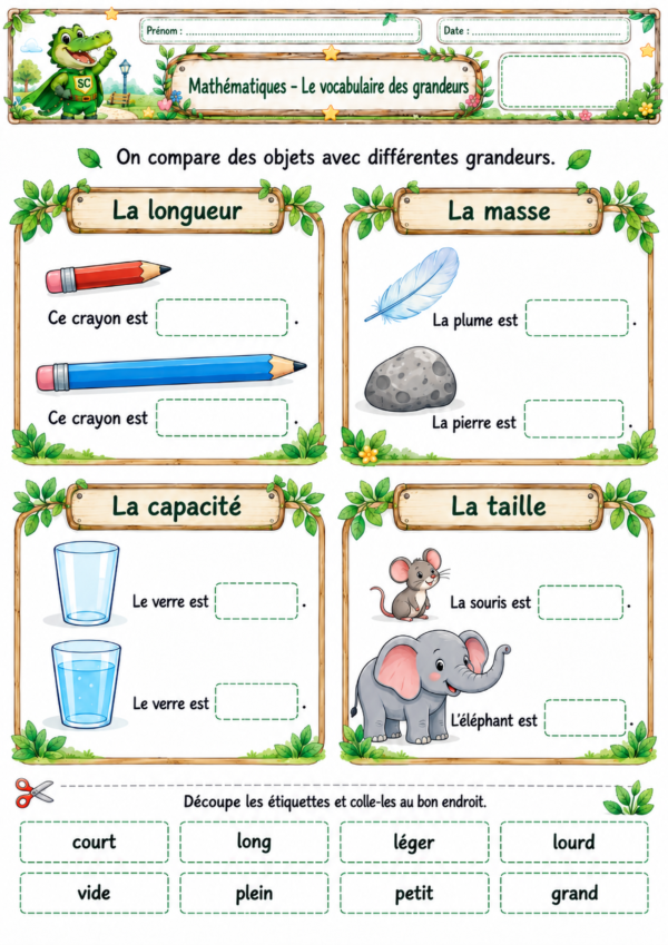Vocabulaire des grandeurs P1 / CP – Synthèse à découper et coller
