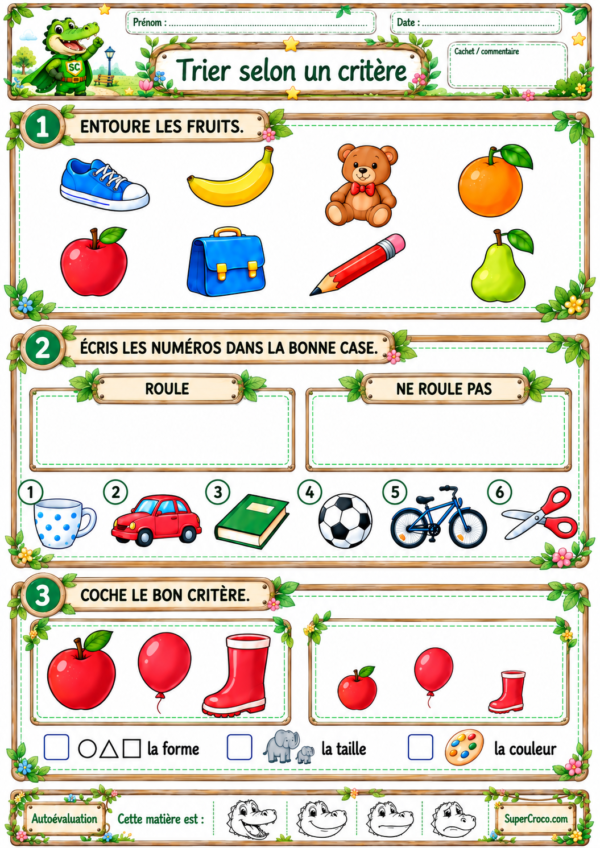 Trier selon un critère en CP / première primaire – feuille d’exercices illustrée avec trois activités de tri et de classement.