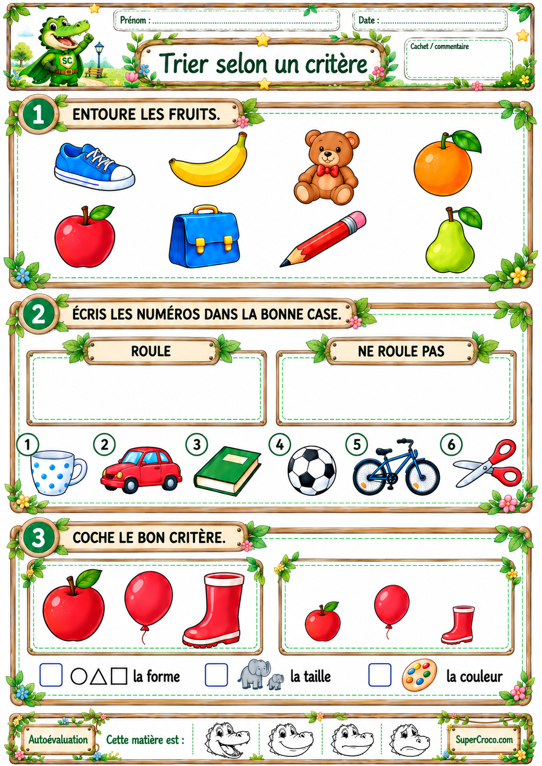 Trier selon un critère en CP / première primaire – feuille d’exercices illustrée avec trois activités de tri et de classement.