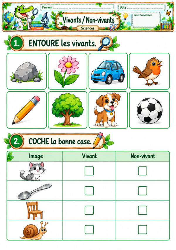 Feuille d’exercices illustrée sur les vivants et les non-vivants pour la première primaire / CP, avec activités de sciences pour identifier et classer le vivant.