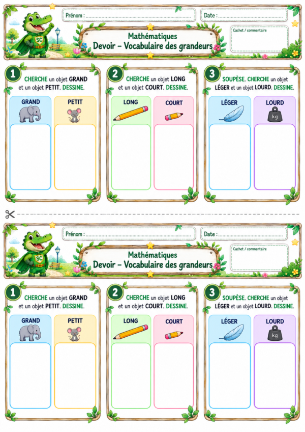 Devoir sur le vocabulaire des grandeurs en P1 / CP pour travailler grand/petit, long/court et léger/lourd avec des objets de la maison.